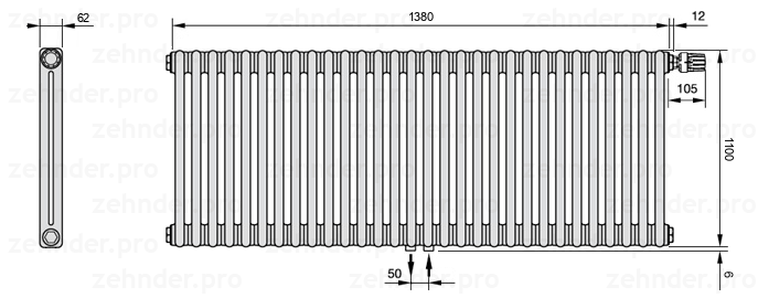 Схема (чертеж) Радиатор Zehnder Charleston 2110/30 №V008 Белый глянцевый RAL 9016